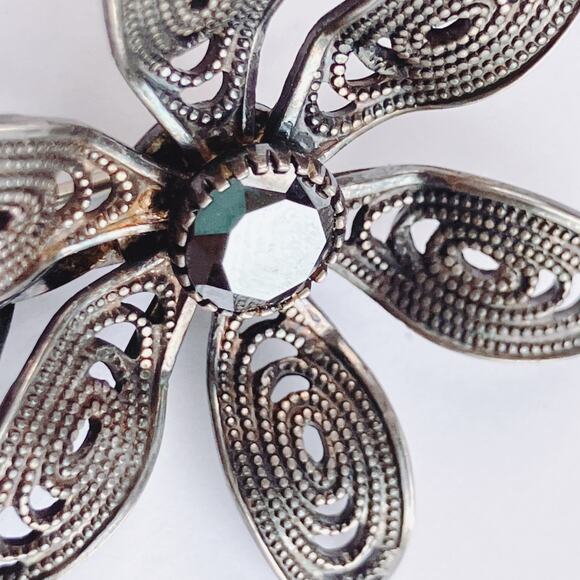 VTG Sterling Silver 925 Gemstone Brooch Mid Century Filigree Flower Black Spinel - Picture 6 of 10